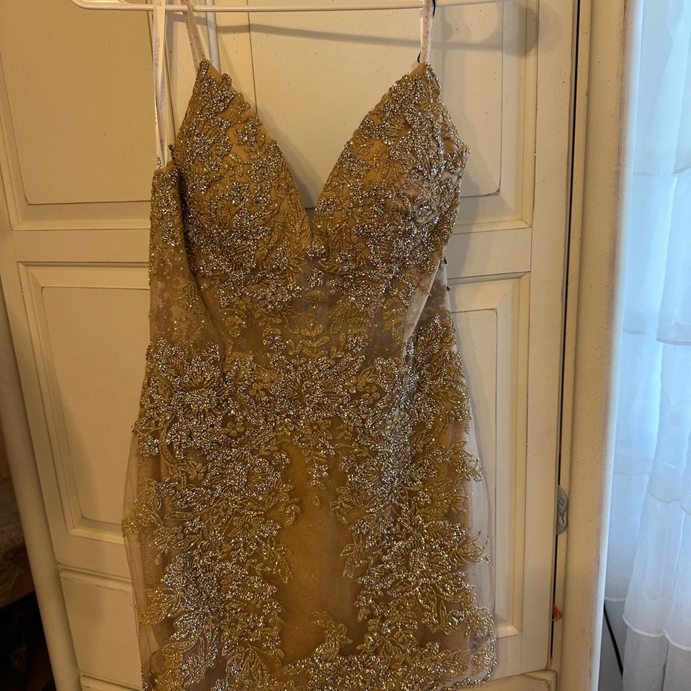 JVN by Jovani Gold Beaded V-Neck Mini Dress
